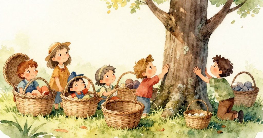 松鼠在枝上快速整理尾巴，兩顆成熟梨子輕墜草坪，光影交錯間展現自然生動與細膩韻味