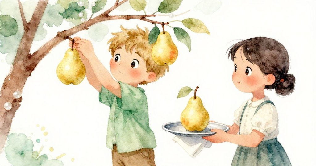 多利安輕柔摘下金色梨子，將其傳至艾達手中，臉上流露專注與期待，場景充滿細膩情感