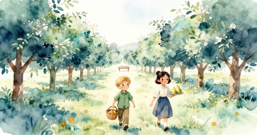 多利安與艾達滿懷豐收喜悅共同前行，手持籃子與托盤穿越果園，遠方排序台隱約可見，腳步輕盈溫暖