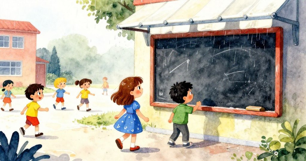 莉莉與卡爾走向戶外石板黑板，旁邊有其他孩子嬉戲，微雨中粉筆散落在木板上，場景生動且充滿好奇。