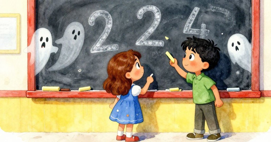 莉莉與卡爾仔細檢查黑板上隱約的數字和散落粉筆，前景與背景層次分明，展現探索與發現的情景。