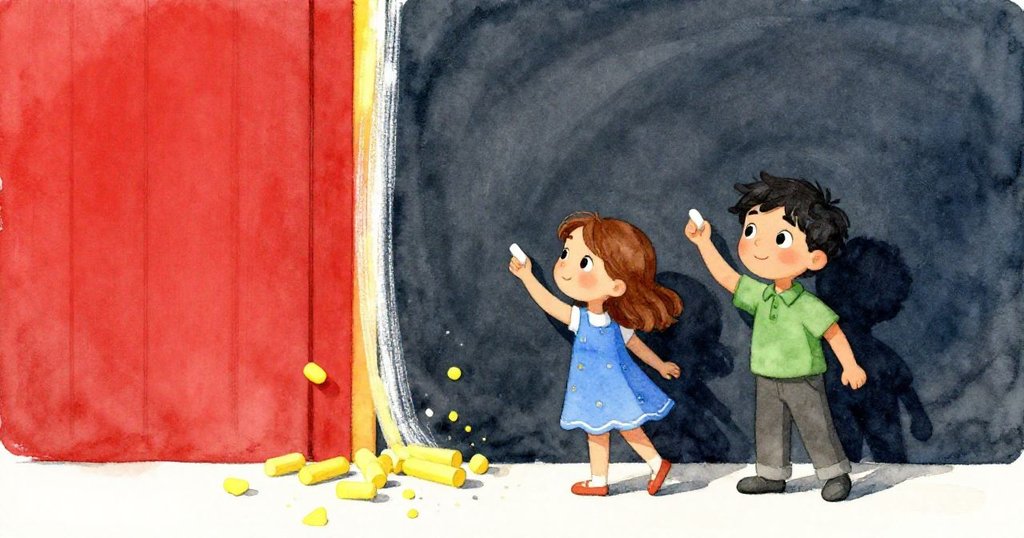 莉莉用力劃出直線，卡爾注視著粉筆沿著木板溝槽滾動，黑板上展現自然力量與時間流逝的變化。