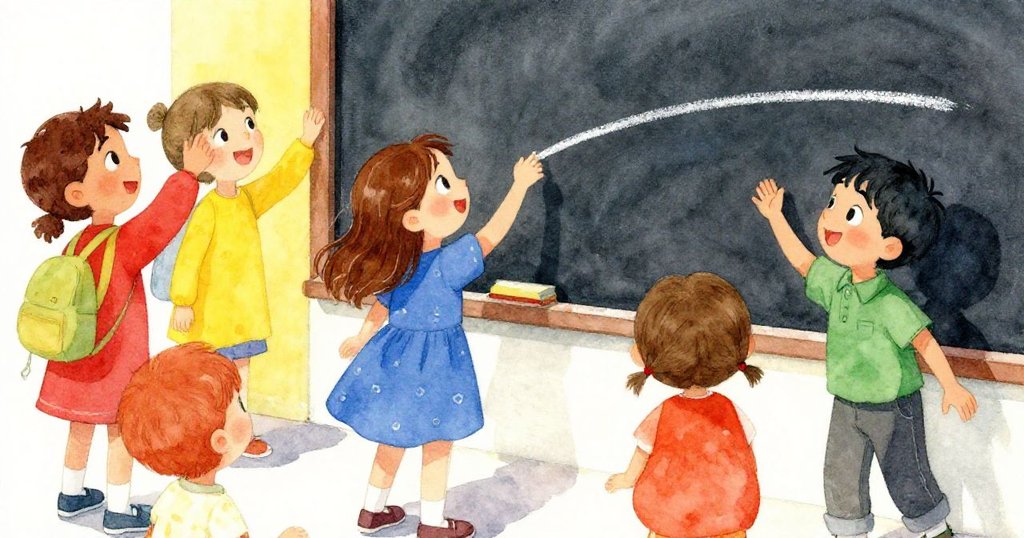 莉莉笑得開心，卡爾輕敲木板邊緣，周圍孩子們紛紛湧來歡慶這意外的粉筆奇景，氣氛溫馨活潑。