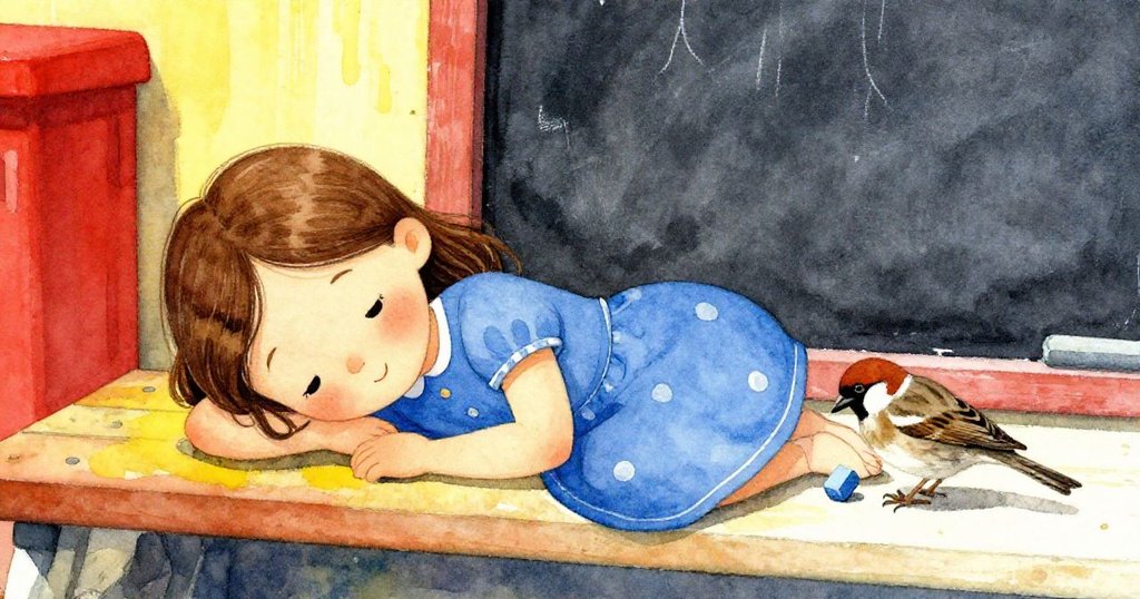 莉莉在石板旁的長椅上靜坐休息，臉上帶著寧靜微笑，旁邊有麻雀輕啄藍色粉筆，最終呈現出溫馨平和的結局。