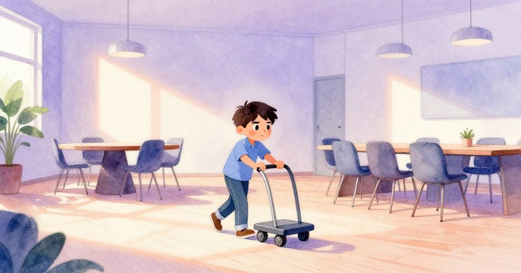 Finn在現代辦公室推車過光亮層壓地板，背景展示半下拉屏幕，臉上充滿自信與專注。