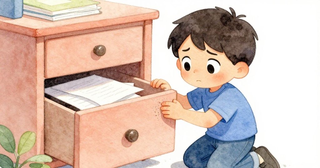 Finn跪在辦公室抽屜旁，仔細搜尋用品，臉上流露出擔心與堅定，手上沾有粉塵細節清晰。