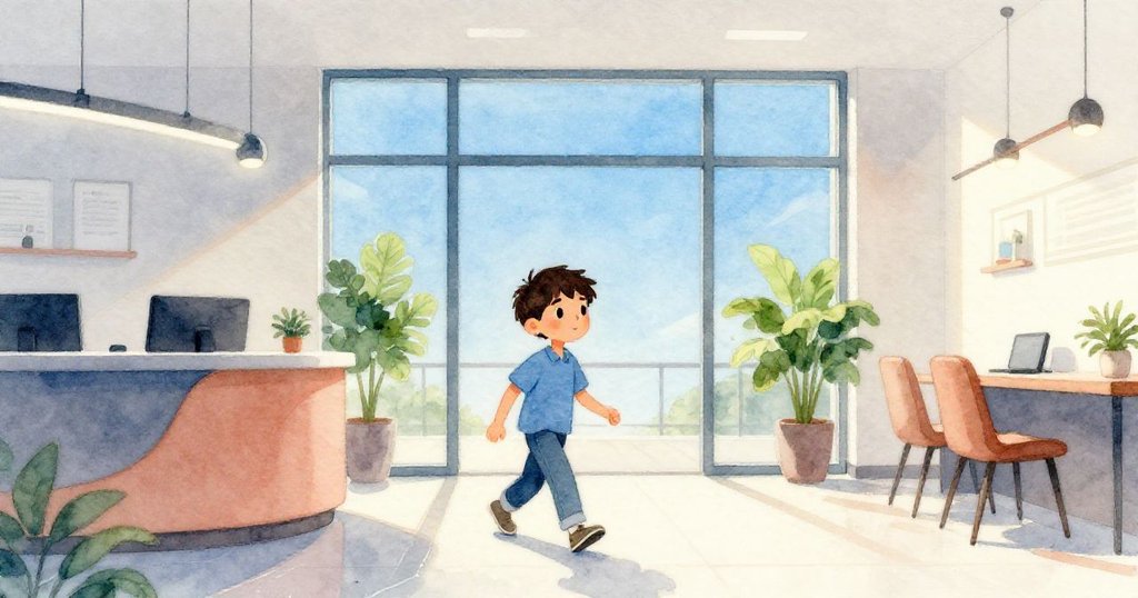 Finn走向接待處，透過玻璃門看見藍天白雲，室內外光影交織，顯示新鮮轉換與活力。