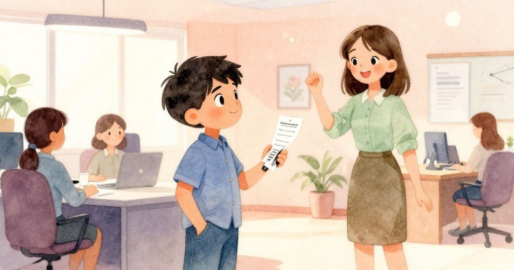 Finn拿著簽收單回到會議室，與Pia及同事們共享歡欣時刻，室內溫暖光線映襯出喜悅氛圍。