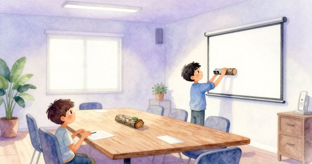 Finn在整潔會議室調整投影機，屏幕由樹皮楔穩固，室內恢復秩序，充滿平靜與細膩光影。