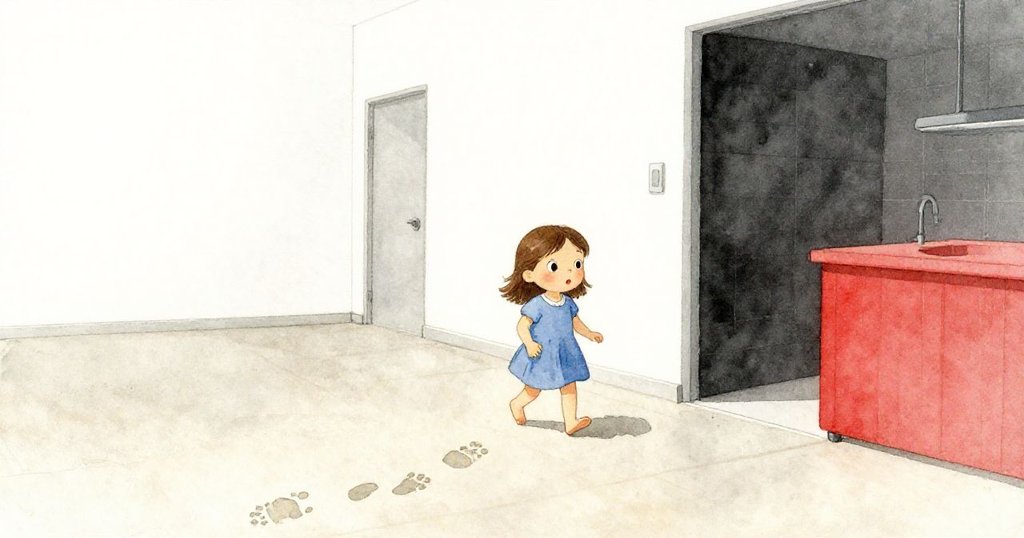 羅莎進入觸感池房,地板上留有半乾足跡,背景現代、光線柔和,展現她好奇又期待的表情。