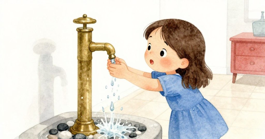 羅莎觸碰黃銅手柄,水花噴湧而出,在鵝卵石上激起細緻漣漪,表情專注。