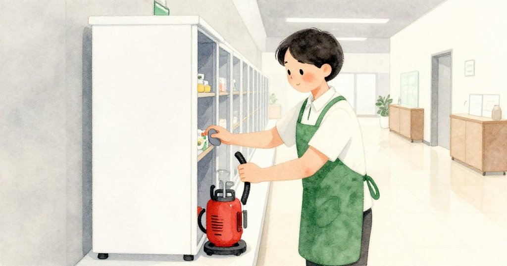 志工穿綠色圍裙到場,巧妙使用橡膠楔穩定展示櫃,重設泵浦,氛圍溫柔且帶點回憶色彩。