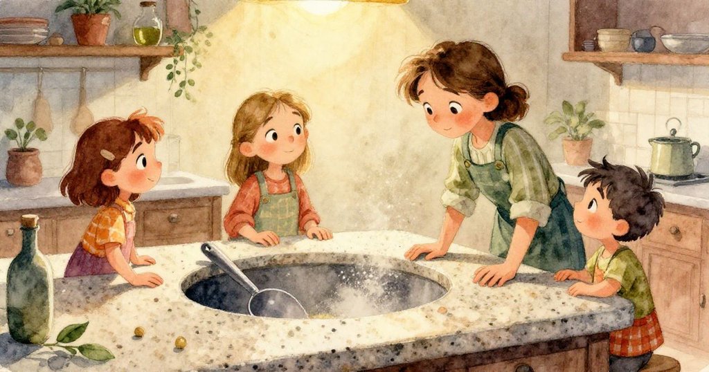 奧莉芙的手輕伸向放在乾燥槽旁的紙杯，細節展示缺失的器具象徵與等待任務，燈光溫暖柔和。