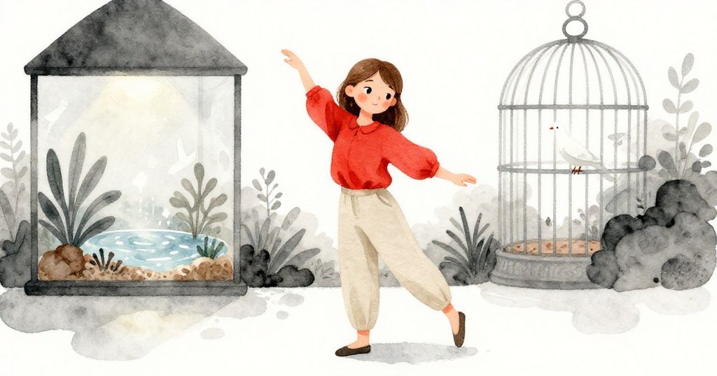 奧莉芙轉向水族區，前景動作自然，背景展現帶水滴效果的玻璃瓶與籠中鴿子，層次分明，光線柔和。