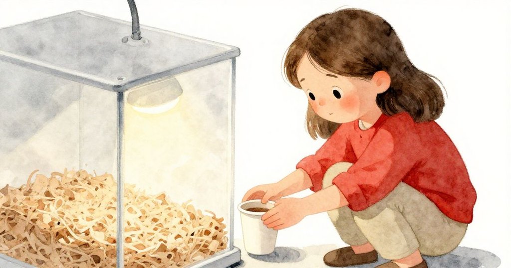 奧莉芙蹲在透明箱旁，專注地輕敲紙杯，木屑中隱隱湧動，臉上映出緊張與期待，燈光溫暖。