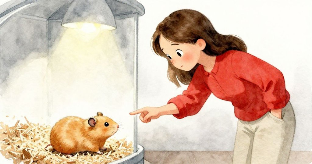 奧莉芙屏息注視，小倉鼠露出金色面龐緩步走向她伸出的手指，溫馨告別，燈光柔和，情感動人。