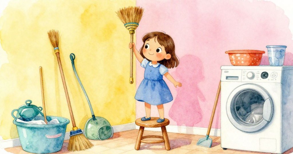 娜娜攀上矮凳，運用膠帶延長杆與掃帚杆調整濕毯，背景器具繁多，神情專注而充滿自信。