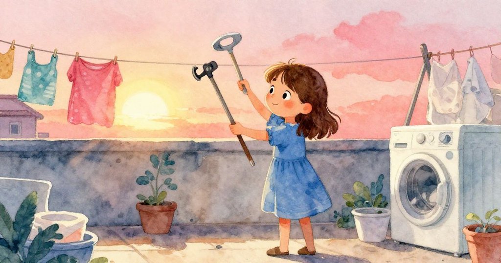 夕陽金光灑進洗衣房，娜娜在利用延伸工具調整濕毯，背景隱約露出屋頂晾衣繩，神情堅定且略帶複雜情緒。