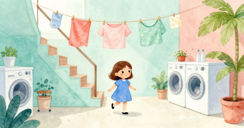 娜娜轉向樓梯，背後延伸裝置仍在輕運作，水滴在淡混凝土上擴散出環狀紋理，故事餘韻悠長。