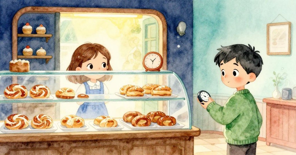 Nell和Wade在溫馨烘焙店內忙碌，凝視排列整齊的肉桂捲，環境充滿暖光與歷史感，氣氛悠閒而期待