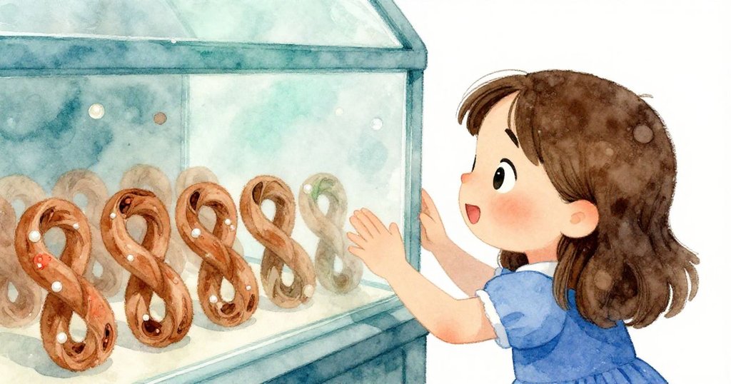 Nell專注輕敲霧狀玻璃，臉上流露出對排列整齊肉桂捲的驚奇與好奇，溫馨光線映襯出細膩情感