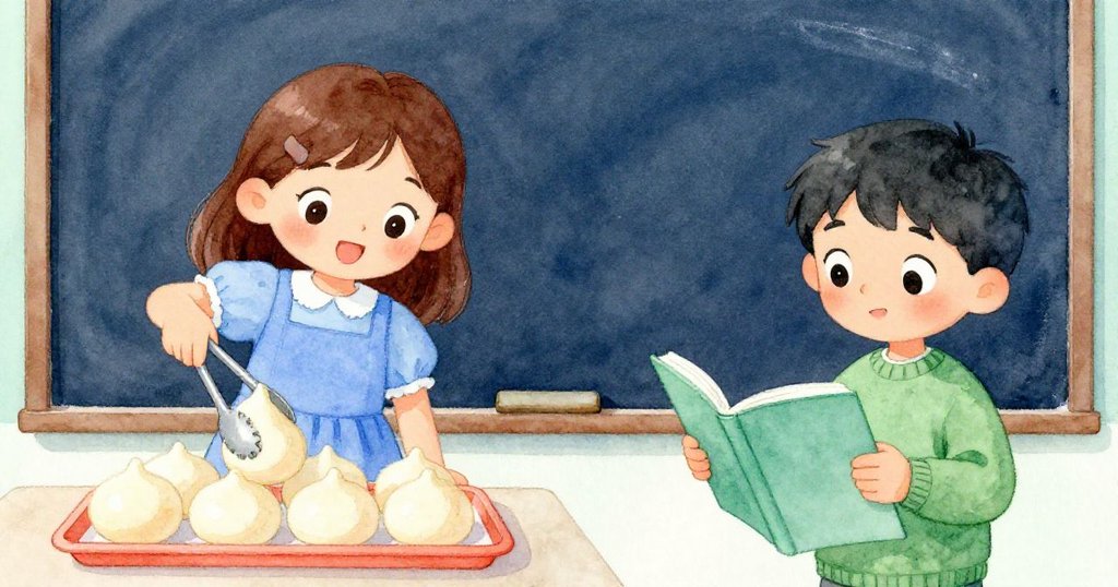 Nell熟練使用夾子夾起葫蘆形麵包時，Wade專注閱讀粉筆板，兩人動作交替展現烘焙店內忙碌情景