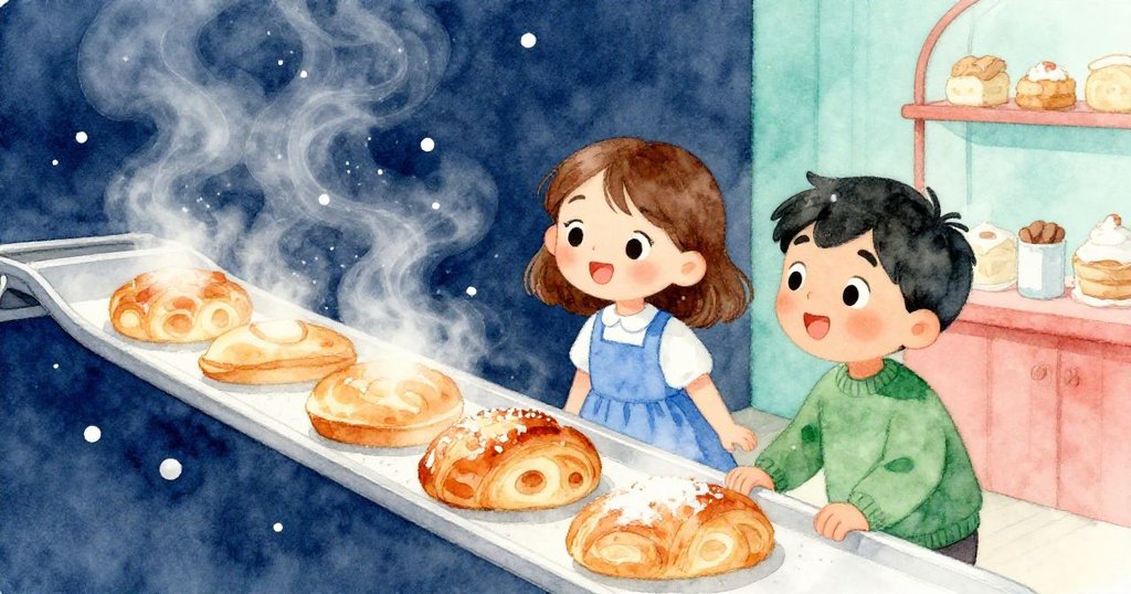 隨著托盤滑出，Nell與Wade對著冒著蒸氣與閃爍糖粉的情景充滿驚喜與期待，光線柔和溫暖