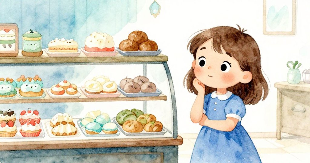 Nell站在櫃台前思索，一手拿夾子猶豫於深色與淺色紙托盤上排列的糕點，神情中透出內心掙扎