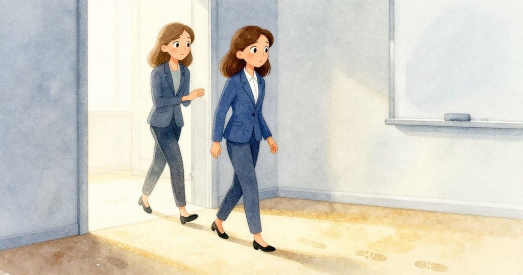 Ada站在明亮的會議室入口處，注視地板上的濕鞋印，神情充滿好奇與期待，空間寧靜而溫暖。