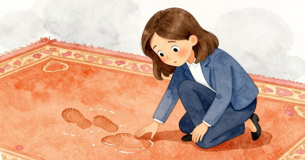 Ada蹲下輕觸濕潤鞋印，神情專注，近距離展示地毯紋理與濕跡，透露近期痕跡。