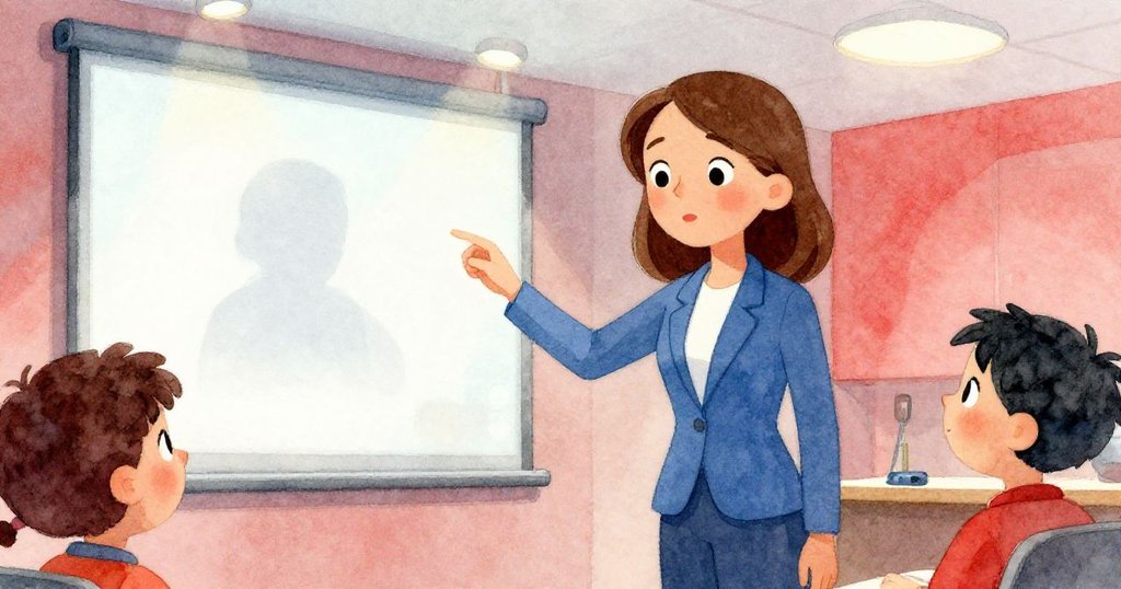 Ada站在投影屏前，凝視著燈光下形成的淡淡輪廓，神情既疑惑又充滿好奇，室內氛圍神秘。