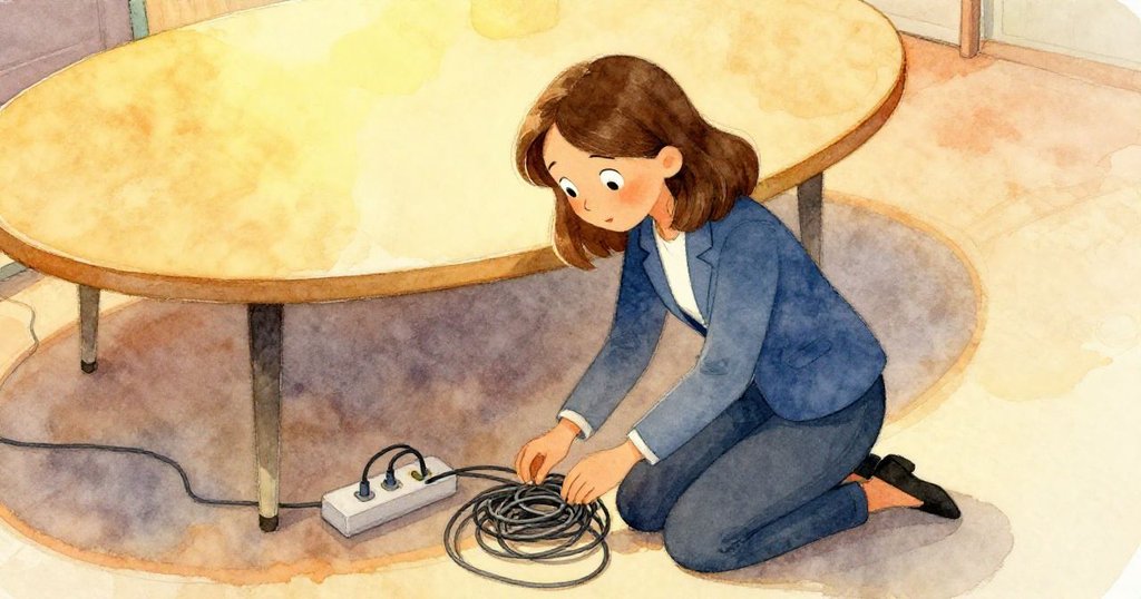 從上方俯瞰，Ada蹲在橢圓桌下尋找迷失的轉接頭，指尖輕觸散落的電線，呈現細膩的室內細節。