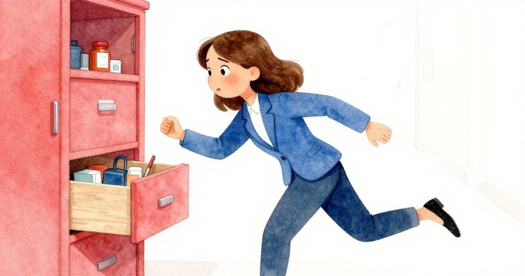 Ada急步走向走廊內的材料櫃，拉開抽屜取尋轉接頭，步伐急切卻沉著，場景明亮有序。