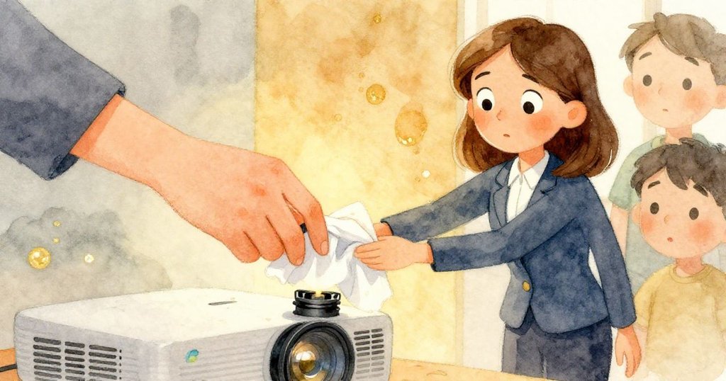 Ada輕撫擦拭從投影機腳旁找到的轉接頭，臉上流露出解脫微笑，背景中仍可見地毯濕痕，象徵難題化解。