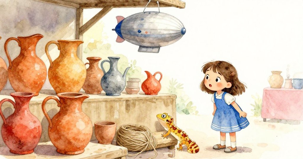 June在熱鬧陶器攤位前好奇地觀察,背景有橙色陶壺、繩線與銀色飛艇,地上蜥蜴安靜隱藏,充滿溫暖光線。