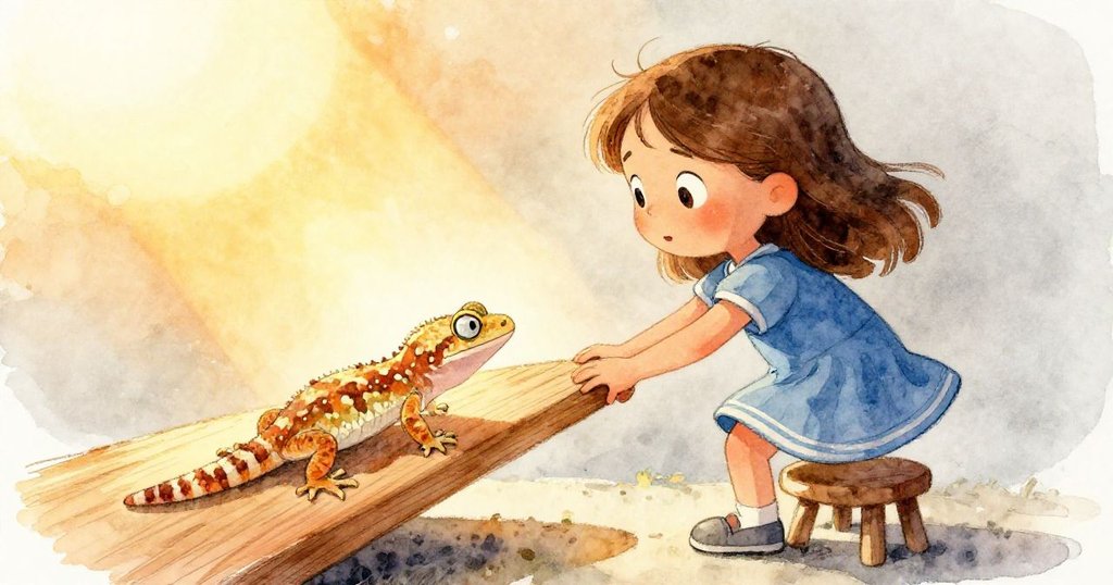 June站在小凳子上,下方低角度展示她輕敲木板的動作,旁邊蜥蜴靜靜攔路,臉上透露堅定神情。