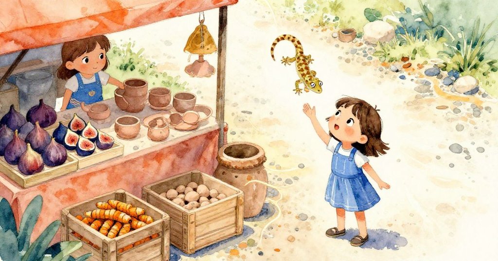 從高處俯瞰熱鬧攤位,June輕敲後激起蜥蜴行動,水果箱與香料整齊排列,背景中商販暫時離開,場景豐富。