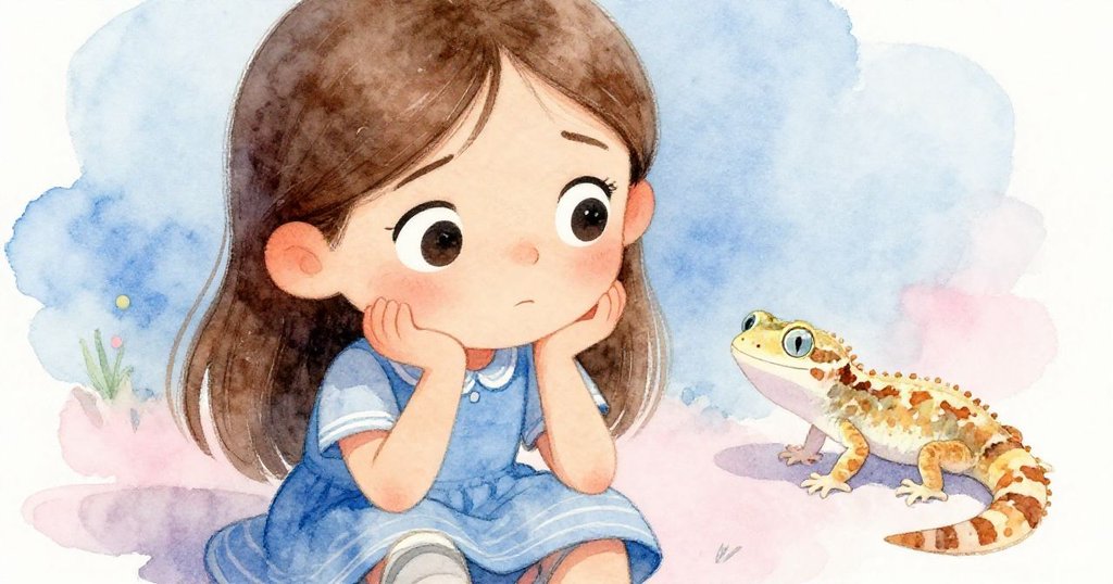 近拍展現June猶豫內心矛盾的表情,臉上情緒細膩柔和,背景中蜥蜴模糊出現,光影過渡藍粉調和。