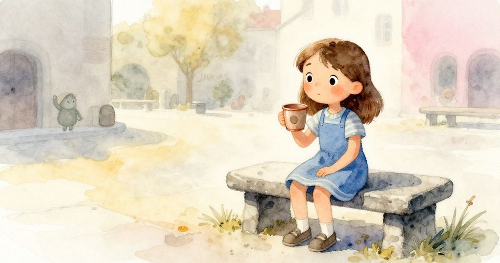 June坐在石凳上沉思,手中握著帶黏土痕跡的銅杯,寬闊廣場與冷光營造平靜結局,情緒深遠。