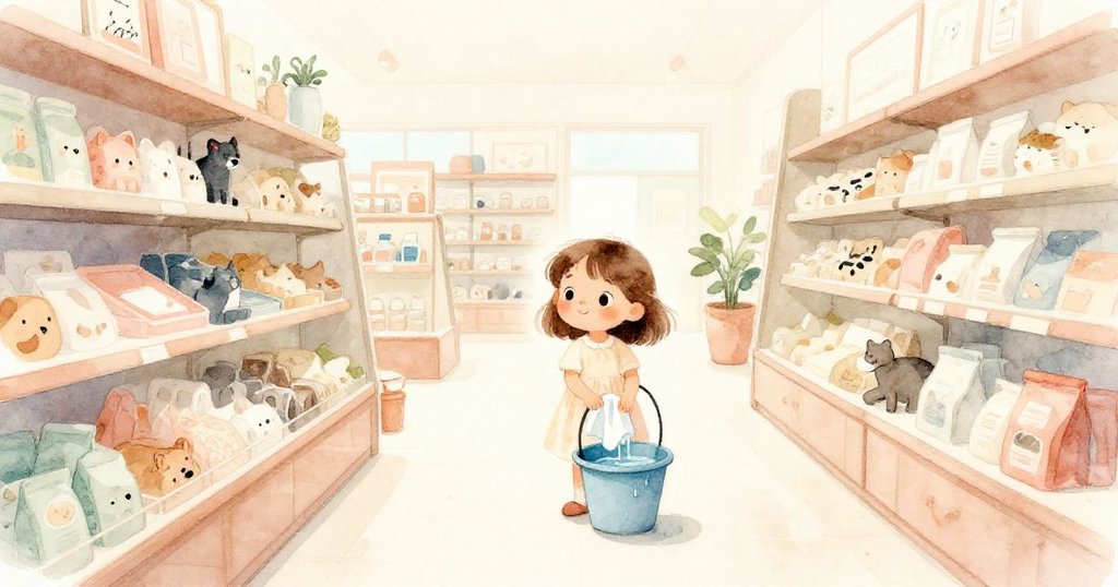 艾拉站在寧靜的水族館通道中，細嗅藍色水桶邊滴水的毛巾，臉上流露出平和與好奇，背景溫馨明亮。