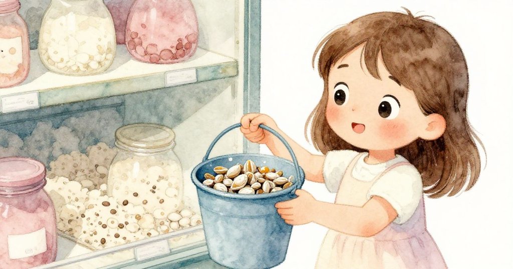 艾拉小心舉起藍色水桶，手觸碰到散落的乾種子，臉上流露著驚訝與探索，背景隱約有寧靜的店內氛圍。