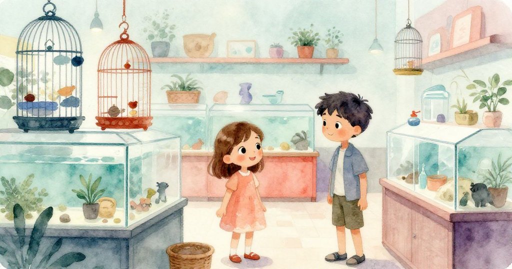 艾拉與提奧在充滿玻璃水箱和鳥籠的店內穿梭，層次豐富的背景映襯出他們探索時的專注表情與相互互動。