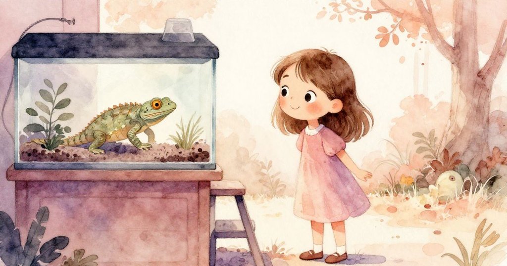 艾拉走向靠近爬蟲箱的矮凳，周圍散發著秋日溫暖光芒，她好奇觀察細節，背景呈現柔和溫暖氛圍。