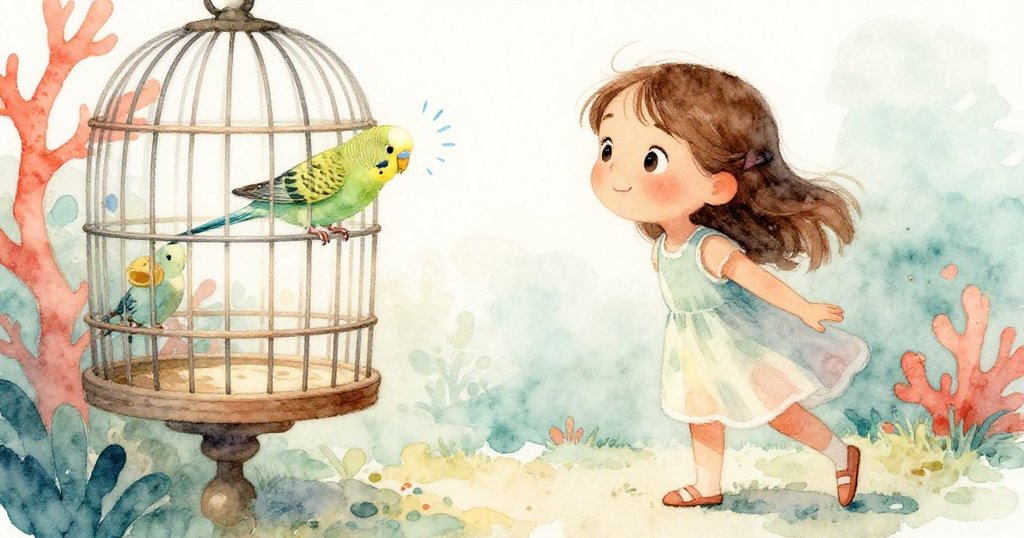 艾拉踮起腳尖觀察隱藏的鳥籠棲木，瞬間定格，她專注期待，鳥兒展翅顯藍光，映襯出店內明亮細節。