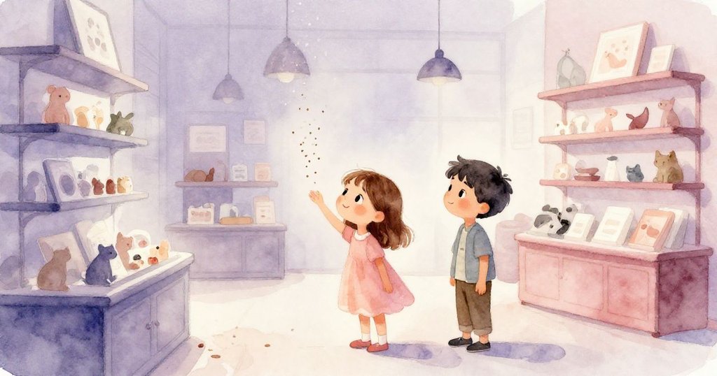 艾拉與提奧站在寧靜的店內，種子粉塵緩緩上升，充滿希望與魔法轉變，兩人神情靜謐感受奇妙結局。