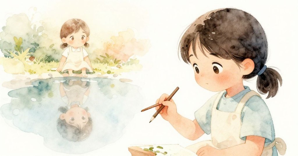 蘇姬在戶外用刷子輕輕觸碰濕紙,倒影中映出她專注的臉龐,陽光柔和,氣氛平靜