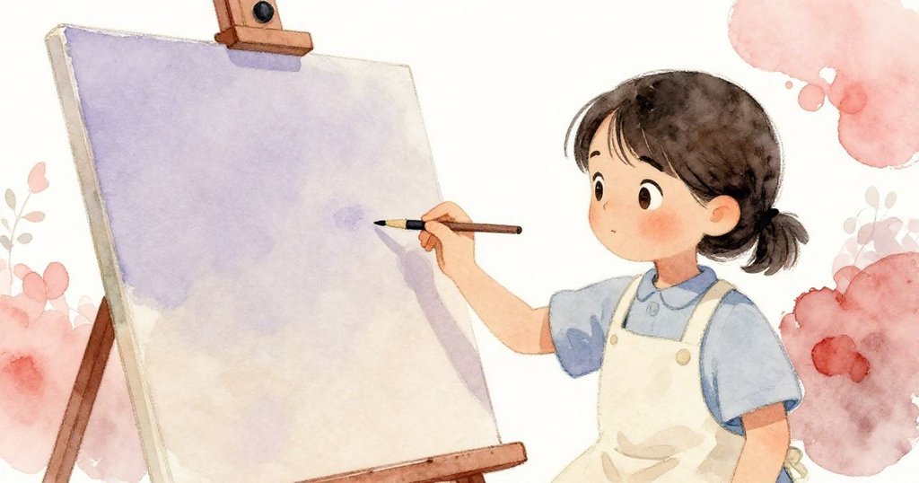 蘇姬專注地用刷子在開闊畫布下半部上色,周圍留白寬廣,背景色彩柔和,充滿寧靜感