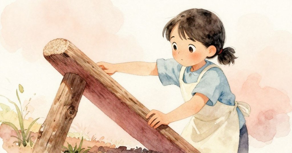 蘇姬在戶外調整粗糙木塊,傾斜畫板讓顏料巧妙流動,周圍自然光影交錯,充滿動感與決心