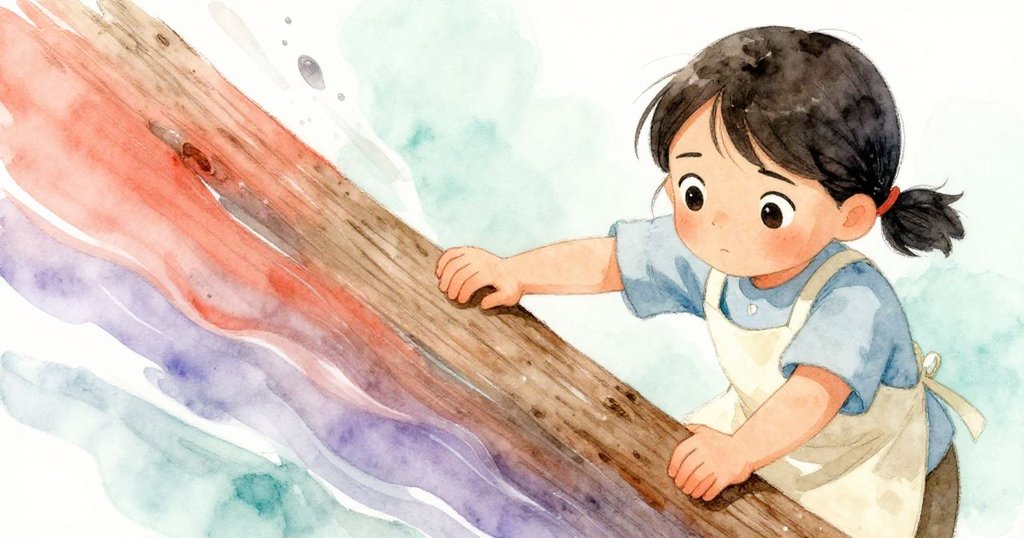 蘇姬緊握潮濕木塊,臉上表情堅定,細節特寫展現顏料流動與時光緊迫,氣氛充滿懸念