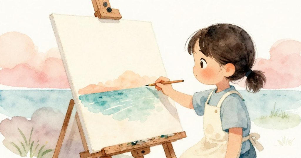 蘇姬站在戶外遠景中欣賞完成畫作,畫面融合再濕邊界與木塊定格創作歷程,展現平靜滿足